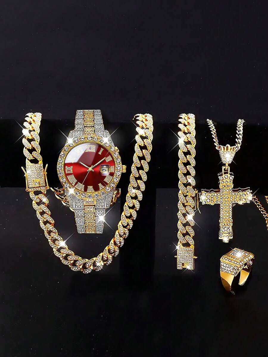 5PCS Street Style Hip Hop Necklace Bracelet Watch Ring Set, Calendar Function Design, Suitable For Holiday Outfits, Gift For Children - Red - View 1