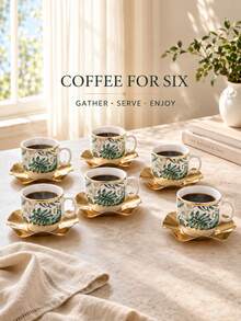 12-Piece Vintage Floral Ceramic Cup Set, 6 Floral Print Porcelain Mugs With 6 Gold Wavy Metal Cup Holders, Elegant Gold-Rimmed Tea Cups Coffee Cups, Afternoon Tea Table Decor Service Set, Suitable For 6 People - White - View 1