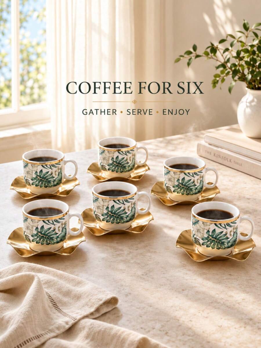 12-Piece Vintage Floral Ceramic Cup Set, 6 Floral Print Porcelain Mugs With 6 Gold Wavy Metal Cup Holders, Elegant Gold-Rimmed Tea Cups Coffee Cups, Afternoon Tea Table Decor Service Set, Suitable For 6 People - White - View 1