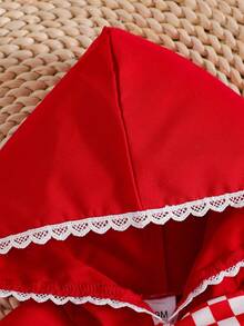Baby Girl Autumn/Winter Cute Red Riding Hood Costume Red & White Plaid Print Long Sleeve Apron Mesh Dress + Lace Trim Hooded Cape, Suitable For Christmas - Red - View 4