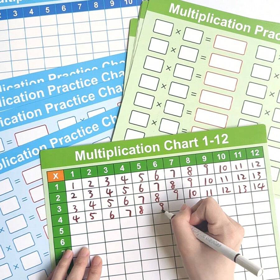 10pcs Erasable Multiplication & Division Table Whiteboards + 2pcs Erasable Markers + 1pc Eraser, Double-Sided Math Teaching Aids For Students Classroom