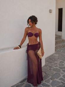 SwimNova Women's Bandeau Bikini Set With Sheer Sarong Pants, Elegant High Elasticity Beach Swimwear - Burgundy - View 1