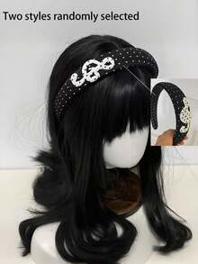 1pc Polka Dot Music Note Headband, Black & White High Note Staff With Star Rhinestone Hairband, Sweet & Sexy Style - Multicolor - View 10