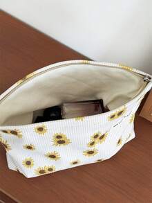 AGG,Sunflower Print Makeup Bag, Canvas Cosmetic Pouch, Portable Travel Toiletry Bag, Large Capacity Zipper Make Up Storage Bag For Women - Multicolor - View 8