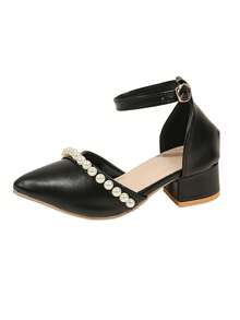 3-12 Years Old Girls Black Pearl Head Thick Heel Sandals One Strap Princess Shoes Party Performance Dress Shoes - Black - View 10