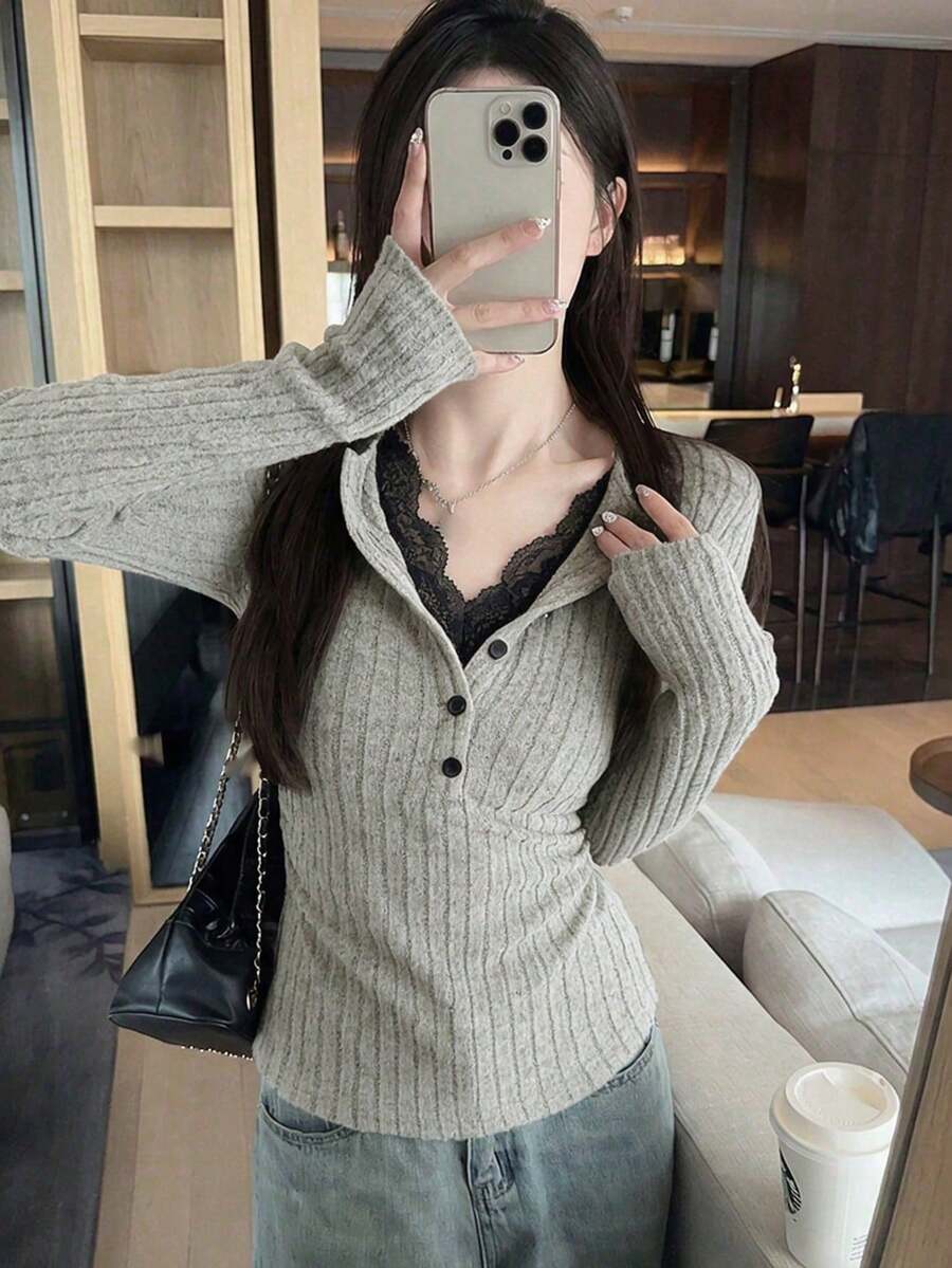 Autumn/Winter 2-In-1 Knitted Base Layer Top For Women, Sweet & Spicy Style, Slim Fit Lace Inner Layer, Short Length - Beige - View 1