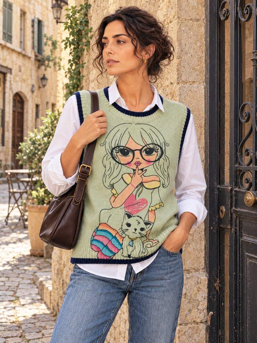 新款女款秋季圓領無袖背心,卡通女孩印花,拼色針織飾邊,適合休閒穿著 - 淺綠色 - 查看 1