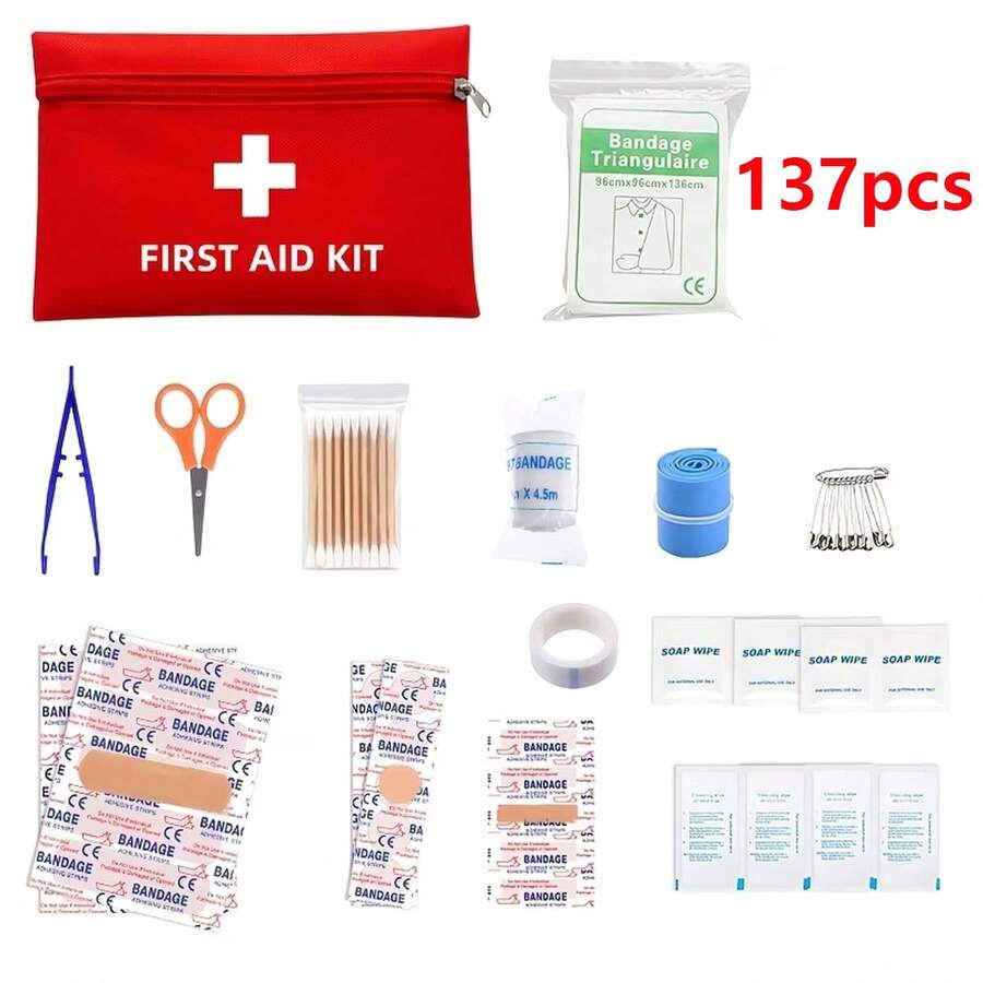 137pcs Car Travel First Aid Kit, Emergency First Aid Kit, Suitable For Hiking Camping, Small Trauma First Aid Kit, Boat Vehicle Use, Lightweight Compact Pocket First Aid Kit, Sports Outdoor Survival - View 1