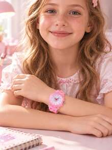 Girls Heart-Shaped Dual-Movement LED Glowing Quartz Watch, Cute Fashion Children Student Wristwatch, Daily Wear Accessory, Birthday Christmas Gift - Pink - View 6