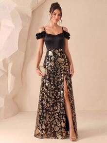 XUCTHHC Elegant Cold Shoulder Sequin A-Line Black Party Dress, Evening Gown, Birthday, Prom, Wedding Guest, Graduation, Holiday - Black - View 1