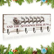 2D Flat Wooden Christmas Keychain With 6 Hooks, Santa Sleigh Print Decoration, Fireplace Classic Stocking Display Board, Holiday Decor, Wall-Mounted Key Hanger, Rustic Farmhouse Entryway Organizer, Mantel Hanging Holder, Cute Holiday Gift - Multicolor - View 5
