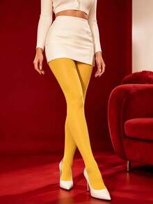 1 Pair Women's Opaque Solid Yellow Tights, Soft Elastic Tight-Fitting Stockings, Versatile For Daily Casual, Party And Holiday Wear - Multicolor - View 5