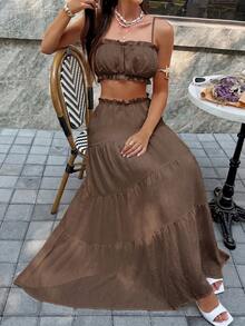 Vellofy Women's Autumn/Winter Coffee Brown Ruffle Camisole Top + Layered Long Skirt Two Pieces Set, Elastic Waist Home Casual Daily Date Party Outfit - Brown - View 7