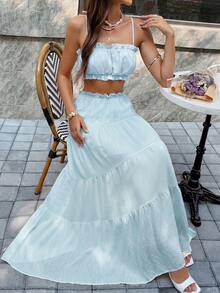 Vellofy Women's Autumn/Winter Blue Ruffle Camisole Top + Layered Long Skirt Two Pieces Set, Elastic Waist Outfit, Suitable For Home Leisure, Daily Dating And Parties - Baby Blue - View 7
