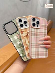 3pcs Leather Texture Autumn/Winter Plaid Bow Print TPU Shockproof Full Coverage Precision Protective Case Compatible With Apple 11/12/13/14/15/16/16Pro/16ProMax/17/17pro/17ProMax/18pro 18ProMax - Multicolor - View 5