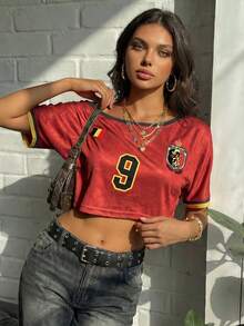 Women's Casual Belgian Mesh Asymmetric Collar Loose Short T-Shirt, Streetwear Style, Spring/Summer Red - Red - View 4