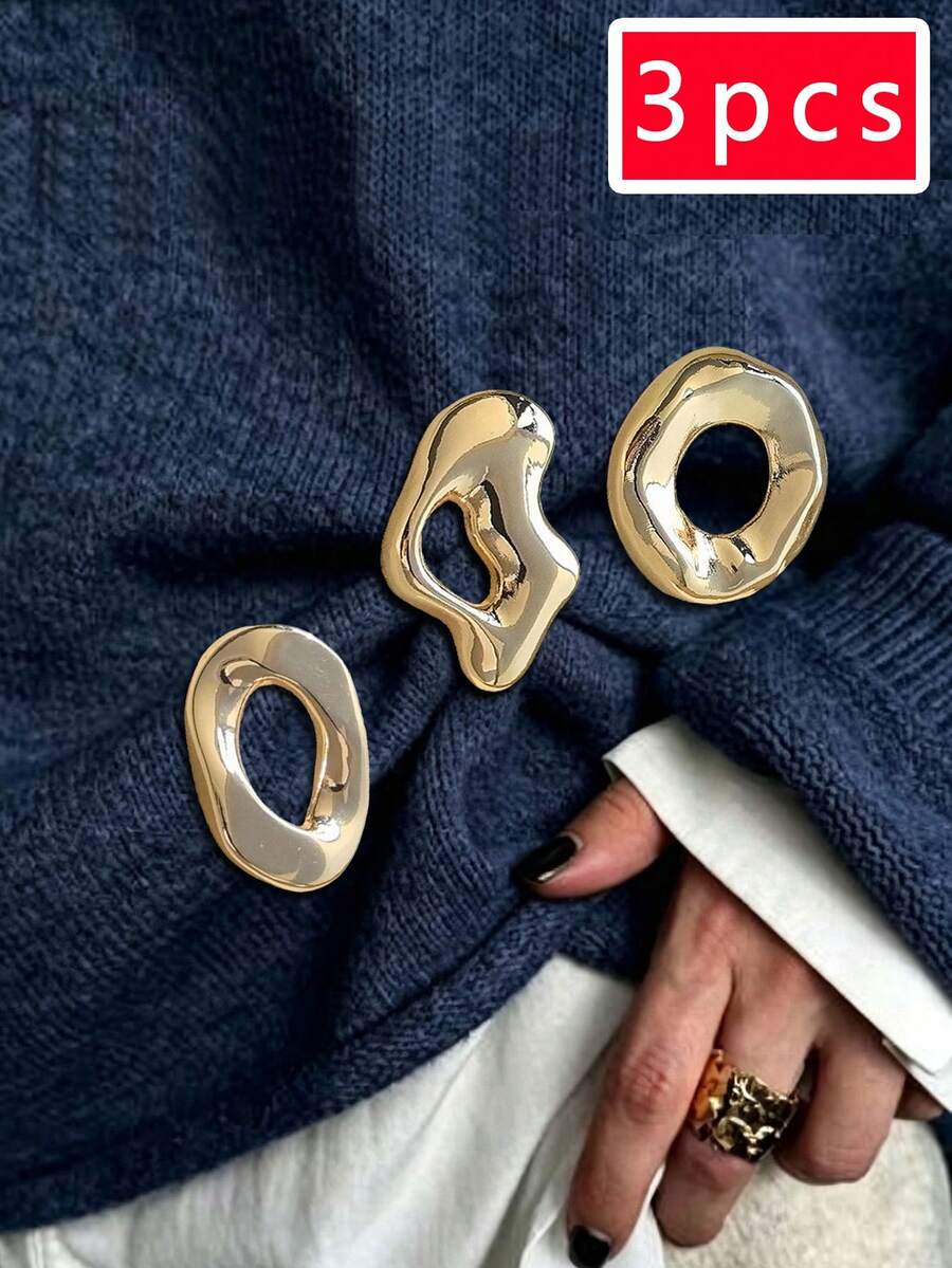 3pcs Asymmetrical Hollow Metal Brooch Set, Luxury Shiny Asymmetric Pins For Suit, Sweater, Dress Decoration, Women's Accessories, Commute, Date, Daily Wear, Gift - Multicolor - View 1