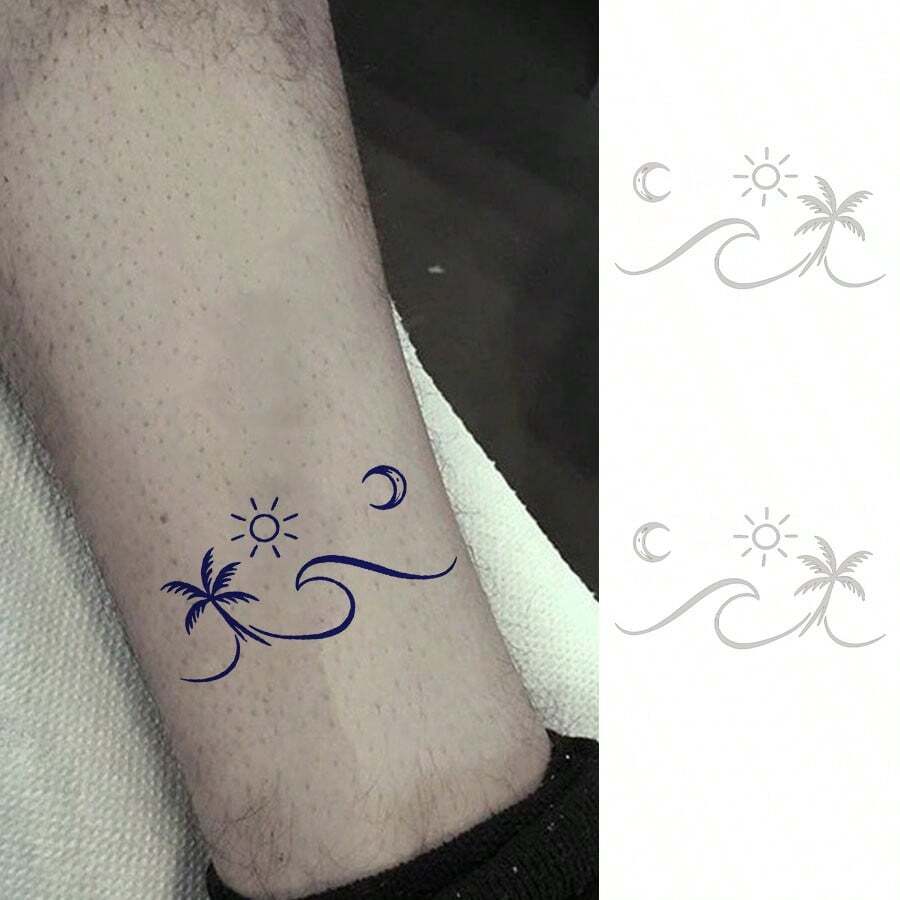 Tattoo Stickers, 2 Sheets/Set Minimalist Wave Coconut Tree Sun Moon Line Temporary Tattoo Stickers, Waterproof Long-Lasting Vacation Style Forearm Wrist Collarbone Temporary Tattoo Stickers, Long-Lasting Non-Permanent Stickers, Disposable Lasts 1-2 Weeks, Decorative Stickers, Ideal Gift For Fashion Enthusiasts