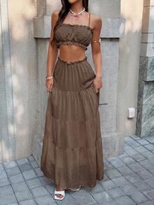 Vellofy Women's Autumn/Winter Coffee Brown Ruffle Camisole Top + Layered Long Skirt Two Pieces Set, Elastic Waist Home Casual Daily Date Party Outfit - Brown - View 8