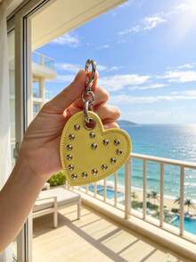 JRESSIAL Y2K Punk Rivet Black Faux Leather Heart Keychain Gothic Heart Shaped Clasp Bag Charm Cool Street Style Backpack Pendant Gift For Girl - Yellow - View 1