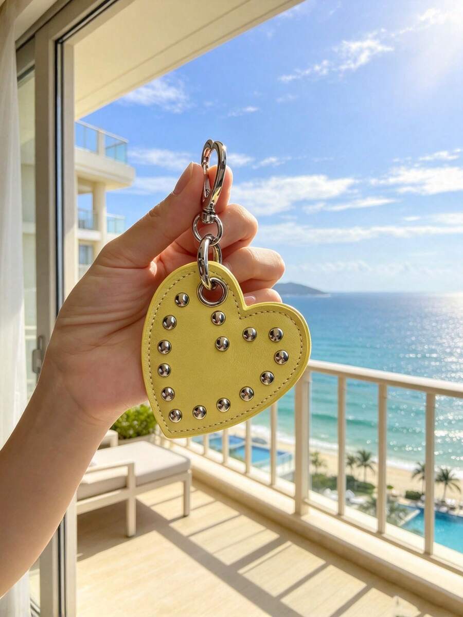 JRESSIAL Y2K Punk Rivet Black Faux Leather Heart Keychain Gothic Heart Shaped Clasp Bag Charm Cool Street Style Backpack Pendant Gift For Girl - Yellow - View 1