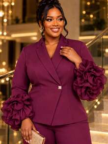Plus Size Burgundy Two Pieces Pants Suit Long Sleeve Shawl Collar Peplum Blazer With Ruffle Flare Cuff Elegant Formal Church Business Fall Outfit - Burgundy - View 2