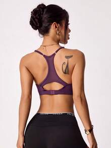 Women's High Elasticity Polyamide Camisole Tank Top, Contrast Mesh Detail, Spaghetti Strap Neckline, Cropped Design, Perfect For Sports Wear Fall - Purple - View 5