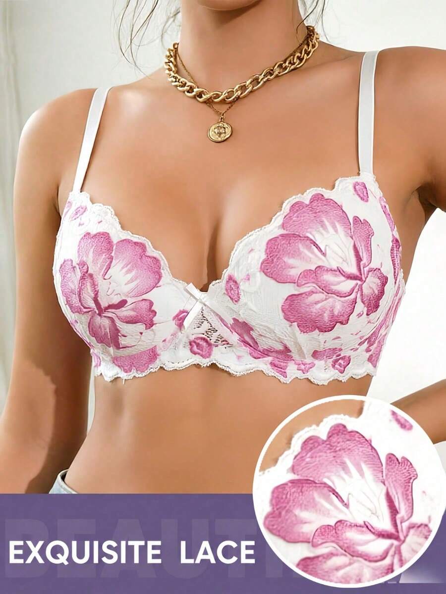 New Fashion Elegant Lingerie Series: Floral Lace Patchwork Push-Up Underwire Comfortable Bra, Versatile Everyday Style - Rose Red - View 1