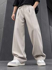 Men's Woven Fashion Casual Solid Color Pleated Design Light Apricot Straight Leg Loose Long Suit Pants, Suitable For Summer, Campus, Autumn - Apricot - View 4