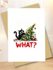 Funny Black Cat Christmas Greeting Card, Mischievous Kitty Knocking Over Xmas Tree, Watercolor Holiday Card For Cat Lovers, Humorous Festive Stationery, Cute Pet Themed Christmas Gift Card - One Size Fits All - View 1