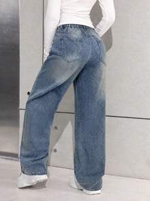Tween Girl Y2K Casual Basic Loose Blue Jeans - Blue - View 2