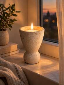 1pc Aesthetic Bulky‑Base Curved Outline Candle Holder Practical Candle Container For Dining Table Entryway Bedroom Wedding Festive Home Decoration - Stone Cup - View 1