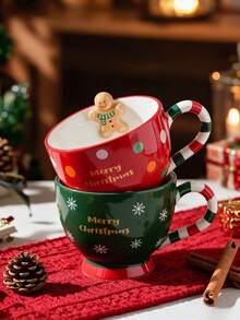 2pcs Creative Christmas Theme Ceramic Breakfast Mugs, Santa Claus And Gingerbread Man Styles, Unique Candy Cane Handle, 500ml Capacity, Suitable For Daily Hot Drinks, Perfect For Home Decor To Create A Warm And Festive Christmas Atmosphere - Multicolor - View 4