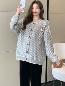 ボーダー マタニティ ニット カーディガン レディース 長袖 セーター 開襟 ゆったり ふわふわ ガーリー 妊婦服 アウター 秋冬 秋服 冬服 秋冬トップス 体型カバー おしゃれ デイリーコーデ 高見え 国内発送 - グレー - チェックする 5