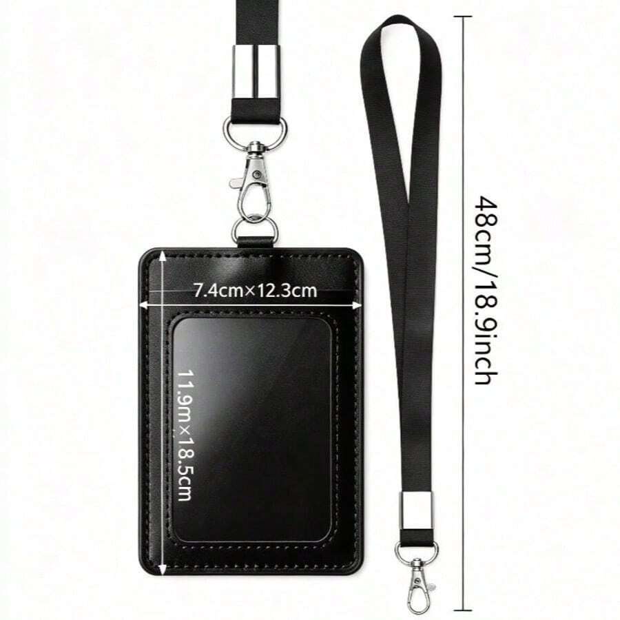 1pc Card Holder + 1pc Lanyard, Minimalist Business Work Card PU Card Holder, Student ID Card Holder, Glossy Lanyard Card Holder, Double Layer Card Holder - A - View 1