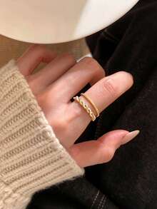 1pc Copper Double-Layer Faux Pearl Twisted Hollow Open Ring, Design Sense, Gentle Atmosphere, Minimalist Versatile Index Finger Ring, Suitable For Women's Daily, Holiday, Date Wear - Gold - View 5