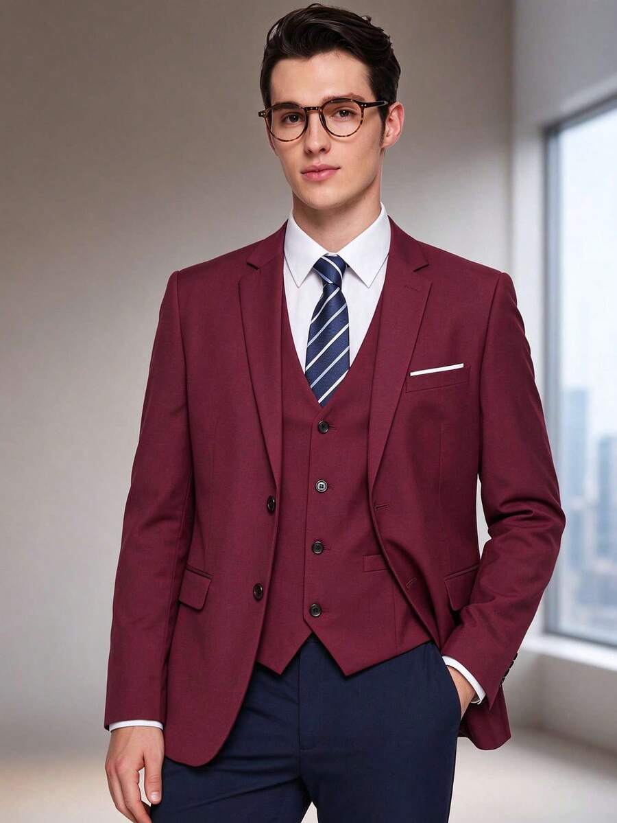 Men's Light Business Casual Jacket, Solid Color Slim Fit Single-Breasted Blazer, Suitable For Office And Daily Wear - Burgundy - View 1