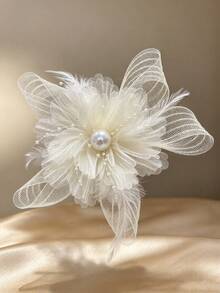 1pc Women's 3D Silk Mesh Flower Pearl Beaded Hair Clip, Faux Feather Bridal Hair Accessory For Wedding And Party - Multicolor - View 5