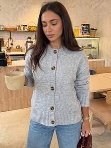 Just Masa Women's Fall Casual Elegant Cardigan,Round Neck Button Up Long Sleeve Loose Basic Solid Color Knitwear,For Daily Wear,Travel,Date,Going Out - Grey - View 3