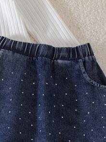 2pcs/Set Girls' Casual Minimalist Blue Bow Long Sleeve Top & Denim Skirt Set, Autumn/Winter - White - View 6