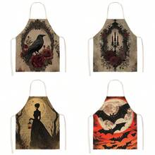 1pc Halloween Vintage Crow & Rose Print Apron - Sleeveless Halter Design, Durable & Comfortable Fit, Featuring Vintage Frame, Crow & Dark Red Rose Pattern, Suitable For Cooking, Baking & Home Cleaning, Household Cleaning, Housework Apron, Hand-Painted Gardening Apron, Fun Holiday Gift - Multicolor - View 12