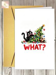 Funny Black Cat Christmas Greeting Card, Mischievous Kitty Knocking Over Xmas Tree, Watercolor Holiday Card For Cat Lovers, Humorous Festive Stationery, Cute Pet Themed Christmas Gift Card - One Size Fits All - View 2