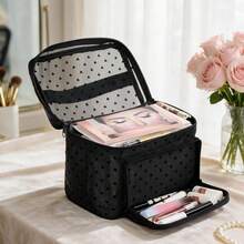 1pc Women's Black Mesh Small Heart Pattern Makeup Bag, Fashionable Multi-Compartment Large Capacity Toiletry Bag, Storage Bag, Suitable For Daily Use And Travel - Black - View 6
