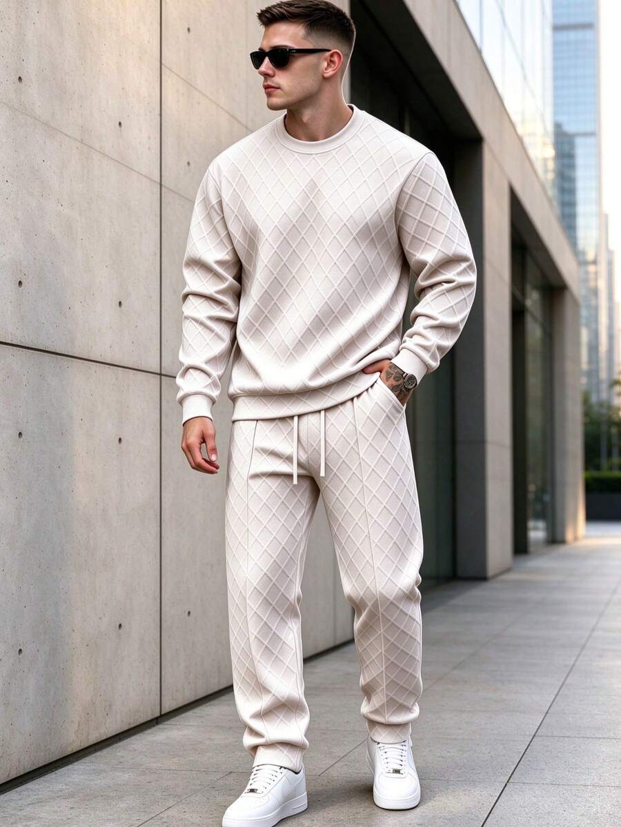 [Pants + Top 2 Pieces Set]Men's Textured Jacquard Fabric Long Pants & Long Sleeve Top Set - Khaki - View 1