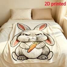 1pc Cute Angry Rabbit Flannel Blanket, Super Soft Flannel Throw, Office Nap Sofa Cover, Cartoon Animal Theme Air Conditioning Blanket - Multicolor - View 2