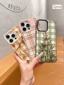 3pcs Leather Texture Autumn/Winter Plaid Bow Print TPU Shockproof Full Coverage Precision Protective Case Compatible With Apple 11/12/13/14/15/16/16Pro/16ProMax/17/17pro/17ProMax/18pro 18ProMax - Multicolor - View 3