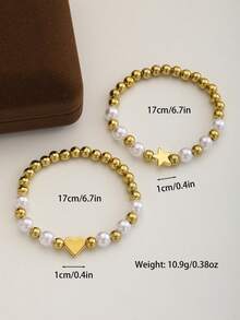 2pcs/Set Girls White Faux Pearl Beaded Bracelets Gold Tone Heart Star Charm Stackable Jewelry Kids Jewelry For Birthday Party Daily Wear Gift - Gold - View 6