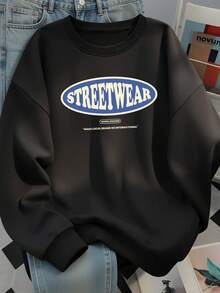 Sweatshirt Wanita Leher Bulat Motif Huruf Biru Retro Minimalis, Gaya Jalanan Ukuran Besar, Pakaian Luar Serbaguna untuk Sehari-hari, Sweatshirt Musim Gugur - Hitam - View 4