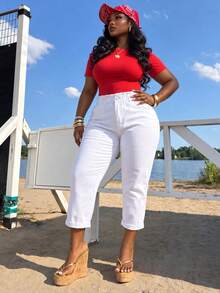 Plus Size White Denim Ankle Straight Leg Pants, Elastic Waist Design, Non-Stretch, Zipper Detail, Suitable For Daily Wear - White - View 2