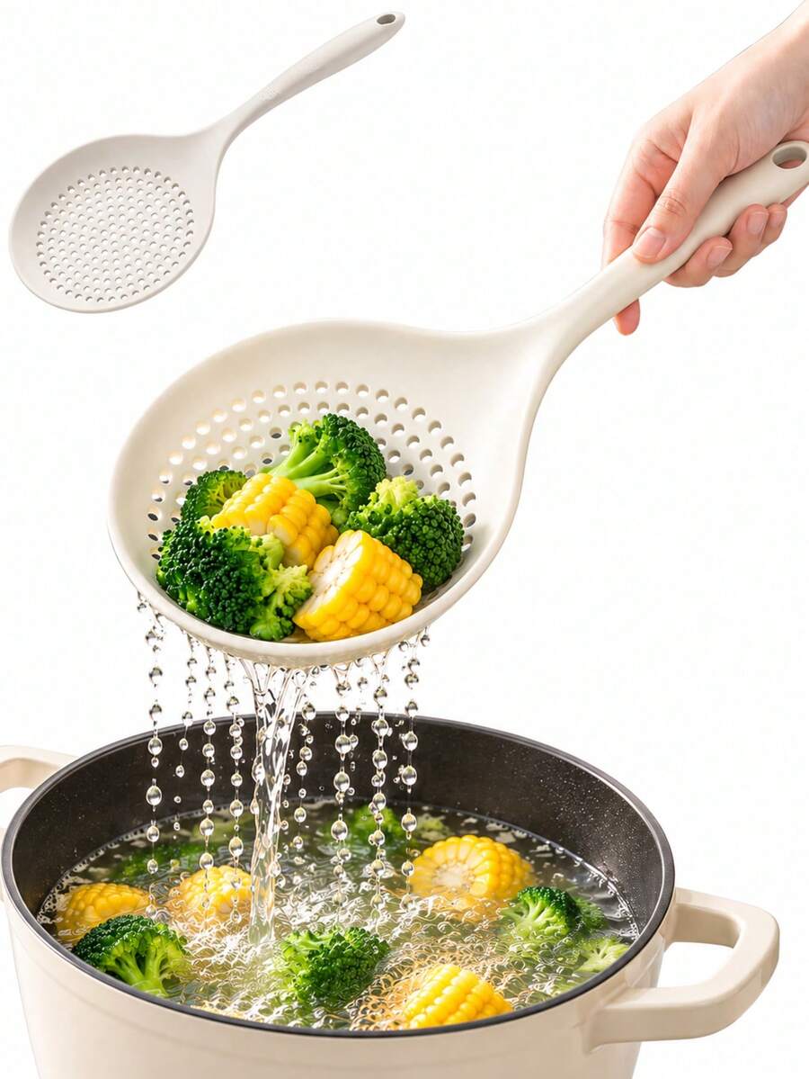 2/1pc White Large Silicone Hollow Soup Spoon, Heat-Resistant Long Handle Strainer, Suitable For Pasta, Dumplings, Noodles, Kitchen Soup Ladle - Multicolor - View 1